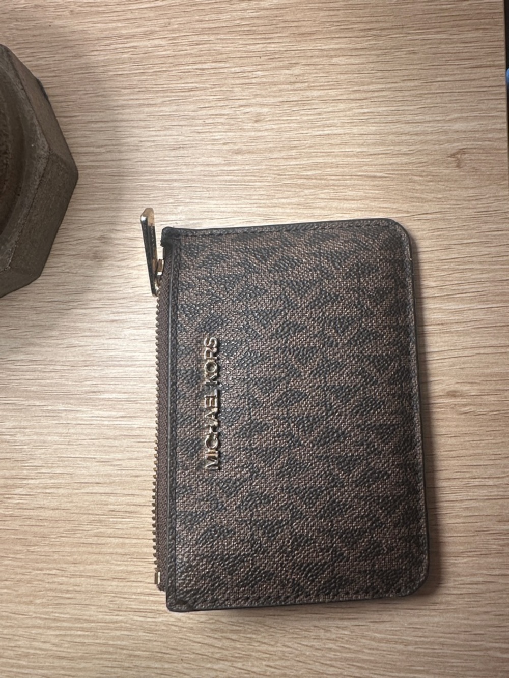 Michael Kors Dark Brown Monogram Zip Wallet with Gold Logo